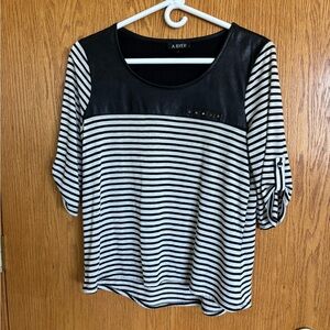 A. Byer Black and White Striped Short Sleeve Top with Faux Leather Yoke